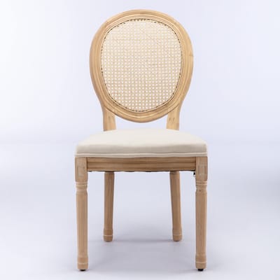 Eetkamerstoelen Set 2-delig, Franse Stijl, Massief Houten Frame, Rieten Rugleuning en Linnen Stof, Crème/Beige, Antieke Look