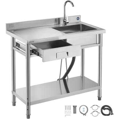 VEVOR RVS spoelbak (100 x 50 x 94 cm), enkele kom met kraan en lade, keukengootsteen voor garage, restaurant, wasruimte, buitenwasbak met werkblad (links)