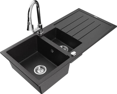 Mexen Andres granieten spoelbak 1,5-komor met afdruiprek en keukenmengkraan Elia, zwart/zilver metallic - 6515-73-670101-00