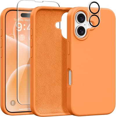 Stravo Siliconen Hoesje geschikt voor iPhone 17 , Oranje, Met 1X Screenprotector + 1X Cameralensbeschermer, [Zachte Krasbestendige Microvezelvoering], Vloeibare Siliconen Schokbestendige Beschermende Telefoonhoes