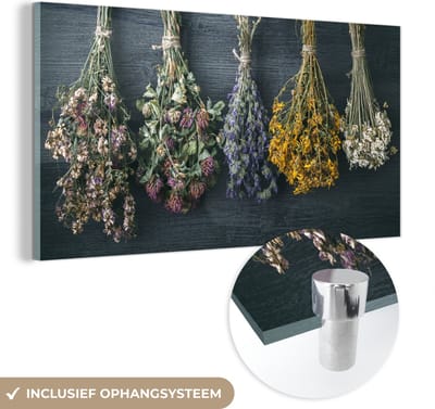 MuchoWow® Glasschilderij 80x40 cm - Schilderij acrylglas - Droogbloemen - Bloemen - Boeket - Stilleven - Touw - Bundel - Foto op glas - Muurdecoratie woonkamer - Wanddecoratie slaapkamer - Schilderijen