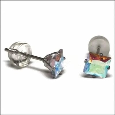 Aramat Jewels | Oorbellen | RVS Vierkante Zirkonia Oorbellen - Tijdloze Oorstekers | Zilverkleurig / AB Transparant / 5mm | | | Staal | Kinderen, Volwassenen | Verkleurd niet