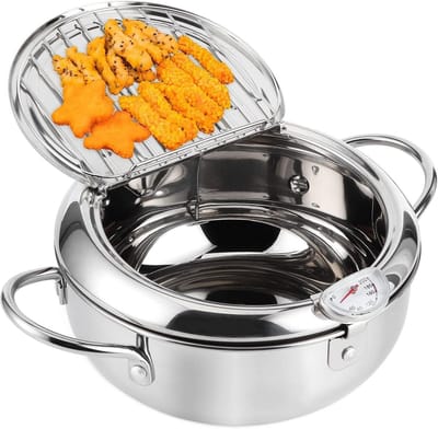 Roestvrijstalen Frituurpan - Tempura Pot - Thuis Frituren - Met Frituurthermometer - 2.2 Liter - Zilver