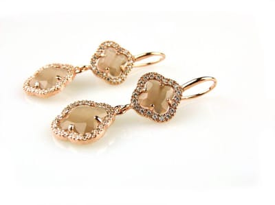 model Double Fiori klein gezet oorringen in zilver rozegoud verguld bruine steen en cubic zirconia