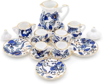 15-delige Porseleinen Miniatuur Theeservies Blauw Bloemmotief Poppenhuis Accessoires 1:12