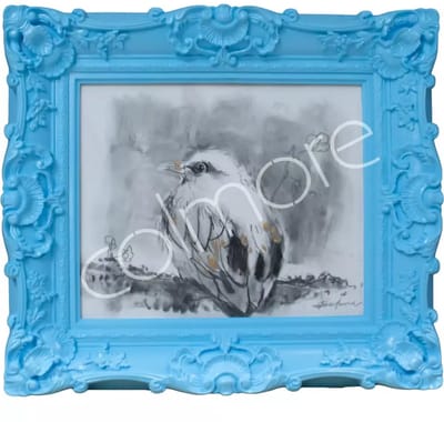 Colmore by Diga handbeschilderd blauw schilderij met vogel 37 x 42 cm