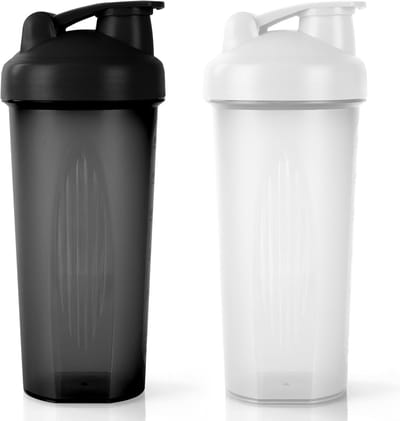 Eiwitshakerfles met roestvrijstalen mengbal 600 ml, 2 stuks eiwit- en supplementshakerfles, lekvrije flip-flop deksel schudfles mixer, BPA-vrije eiwitshakefles, zwart + wit