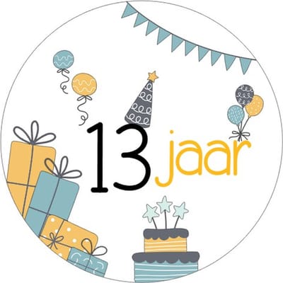 20x Sluitsticker 13 Jaar - Geel Blauw - 40 mm - Verjaardags sticker - Sluitzegel - Sticker Verjaardag jongens meisjes - Ballonnen - Cadeau's Kado's - Glossy - Sluitzegel - Wensetiket - Uitdelen - Jarig - Trakteren - Hoera