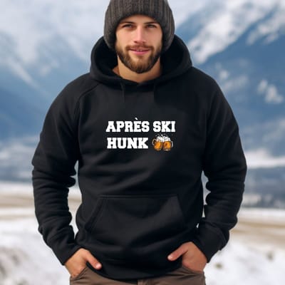 Zwarte Hoodie Apres ski hunk maat S- Heerlijke hoodie voor de wintersport- Apres ski.
