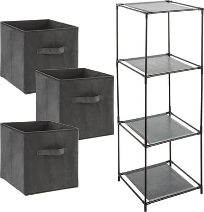 Kastmandjes/opberg manden - donkergrijs velours - 3x stuks van 29 Liter - In rek van 34 x 98 cm