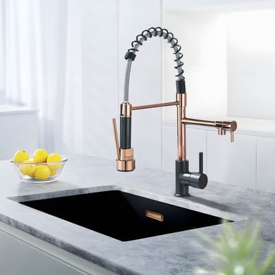 Roségoud Zwarte Uittrekbare 360° Keukenkraan met Trekbare Spuitkop, 2 Waterstanden, Modern Design voor Keukenspoelbak