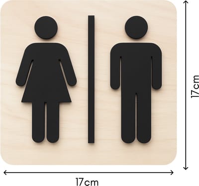 Luxe Houten Toiletbordje met Reliëf - WC Deurbordje Man/Vrouw - Modern Pictogram Toilet - Naturel Hout & Zwart - Zelfklevend - 17 x 17 cm