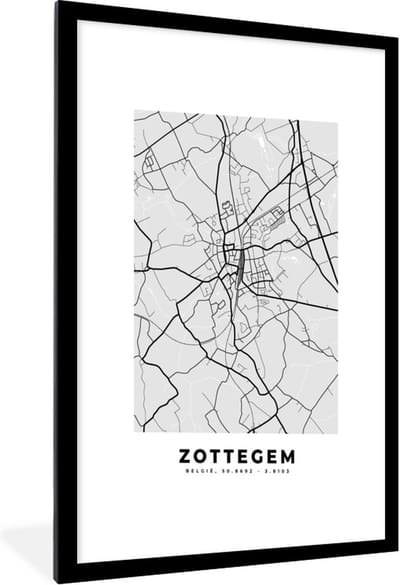Fotolijst incl. Poster Zwart Wit- België – Zottegem – Stadskaart – Kaart – Zwart Wit – Plattegrond - 60x90 cm - Posterlijst