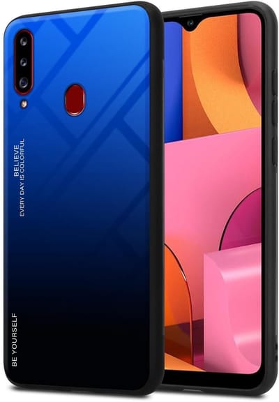 Cadorabo Hoesje geschikt voor Samsung Galaxy A20s in BLAUW - ZWART - Tweekleurige beschermhoes van TPU-silicone Case Cover en achterzijde van gehard glas