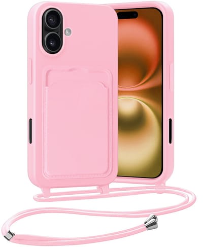 Hoesje Geschikt voor iPhone 16 Plus Hoesje Met Telefoonketting Pasjeshouder Case Koord - Hoesje Geschikt voor iPhone 16 Plus Hoes Met Kaarthouder - Lichtroze