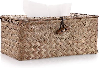 Tissue Box-Zakdoekjeshouder - Servetpapier Houder Container-Huishoudelijke Rechthoekige Zeegras Facial Tissue Box- Decoratieve Geweven Papier Houder-Koffie-18cmx12cmx9cm