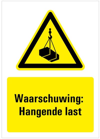 Bord met tekst waarschuwing hangende last - kunststof - W015 148 x 210 mm