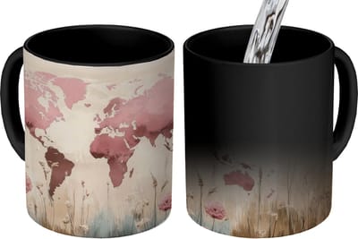 Magische Mok - Foto op Warmte Mokken - Koffiemok - Wereldkaart - Roze - Bloemen - Magic Mok - Beker - 350 ML - Theemok