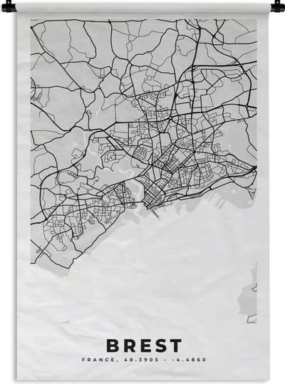 Wandkleed - Wanddoek - Kaart - Stadskaart - Frankrijk - Brest - Plattegrond - 120x180 cm - Wandtapijt