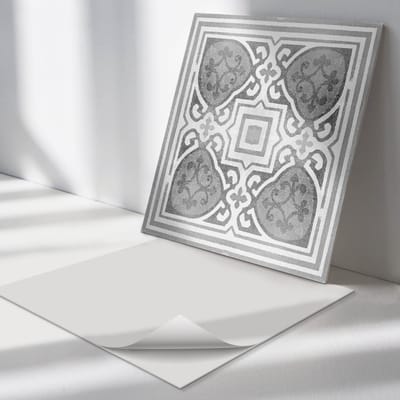 Wallfluent Vinyl Tegels - Patroon met Ornamenten in Symmetrie Vloer Tegels PVC - 30 cm x 30 cm - Grijs PVC Tegels - 9 stuks - Vierkant PVC Tegels - Texturen Plaktegels - Zelfklevende PVC Tegels - Plaktegels Keuken en Badkamer