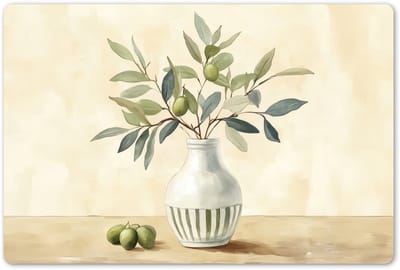 Placemats 45x30 cm - Placemat kunststof - 1 stuk - Vaas - Keramiek - Olijftakken - Borden onderleggers - Decoratie voor op tafel - Keuken tafeldecoratie accessoires - Vinyl onderlegger - Tafelversiering