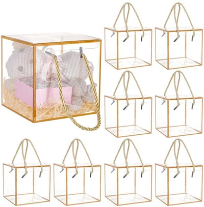 Dailygoods- Geschenkdozen met deksel - Set van 10 - Transparante Dozen - 12 x 12 x 12 cm - Goudkleurige Kantrand - Handgreep voor Sieradenopslag - Cadeaudozen