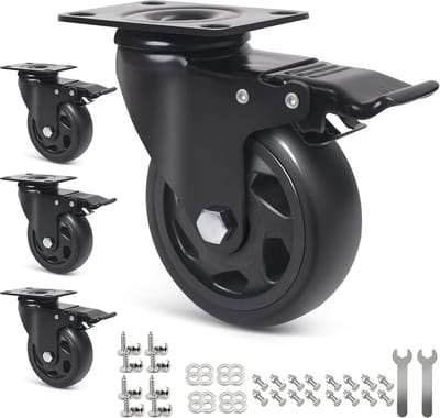 Heavy Duty 100 MM Meubels Caster Wielen - 600 KG Lager - Rubber Swivel Trolley Castor met Rem - Inclusief 16 Stuks Schroeven