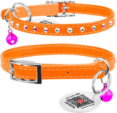 WAUDOG Glamour Star Kattenhalsband - Echt Leder - Oranje - Gratis QR-tag - XXS - Breedte: 9 mm - Nekomtrek: 22 - 30 cm (GELIEVE ALVORENS BESTELLEN OPMETEN)