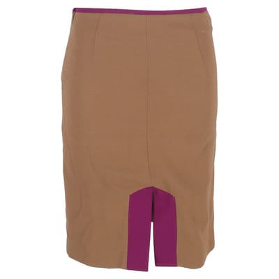 De Row knielange kokerrok met split aan de voorkant in bruin en violet wol.