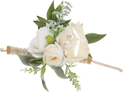 BuyWeek Pols Corsages, Bruiloft Pols Corsage Armbanden Bruid Pols Bloem Decoratieve Witte Rozen en Groene Bladeren voor Prom Party