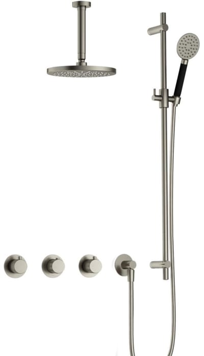 Hotbath Cobber X - CX7067 - Inbouw Regendoucheset - Geborsteld Nikkel - 2 Stopkranen - Thermostatisch - Plafondbuis 15 cm - Hoofddouche 200 mm - Ronde Handdouche 3 Standen - Glijstang 900 mm - Waterbesparend