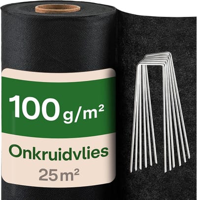 Onkruidvlies 100 g/m² met 12 Grondspikes – Extra Sterk & UV Bestendig – Waterdoorlatend & Scheurvast Tuinvlies voor Tuinen, Verhoogde Bedden & Terrassen