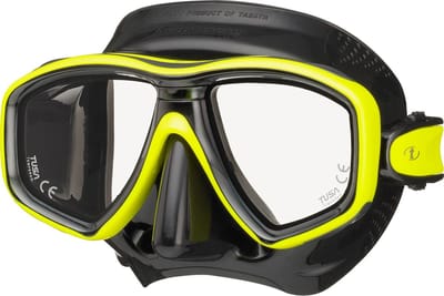 TUSA Freedom Ceos – Duikmasker met twee lenzen, comfortabele pasvorm dicht op het gezicht, Freedom Technology voor comfort en prestaties, hypoallergeen silicone – Zwart/Geel – M-212QB FY