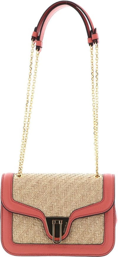 COCCINELLE Schoudertas Avondtas Marvin Twist Rafia Handbag Natural / Geranium Beige Koraalrood