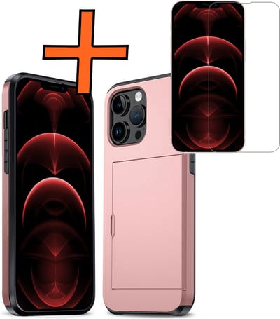 Hoesje Geschikt voor iPhone 14 Pro Max Hoesje Pasjeshouder Shockproof Hard Case Met Screenprotector - Hoesje Geschikt voor iPhone 14 Pro Max Hoes Met Kaarthouder - Rosé goud