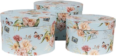 Clayre & Eef Opbergdoos Set van 3 Ø 24x16 / Ø 22x15 / Ø 21x13 cm Blauw Karton Bloemen