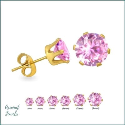 Aramat Jewels | Oorbellen | RVS Zirkonia Oorbellen Rond 3-8mm - Diverse Kleuren Oorstekers | Goudkleur / 3mm / Roze | | | Staal | Kinderen, Volwassenen | Verkleurd niet