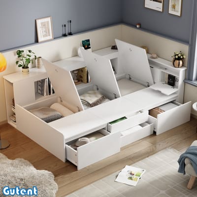 Gutent Kinderbed-90*200 cm-Multifunctioneel-met laden, boekenkast en opbergmeubel-Met matras-Wit