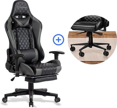 FOXSPORT verstelbare gaming chair - PC-bureaustoel met voetsteun - hoogte en helling verstelbaar - met hoofdsteun en lendensteun - gamingstoel voor kantoor - Met vloerbeschermingsmat - Zwart en grijs