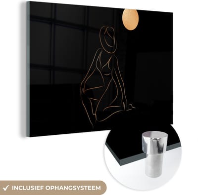 MuchoWow® Glasschilderij 120x80 cm - Schilderij acrylglas - Vrouw - Hoed - Maan - Line art - Foto op glas - Schilderijen