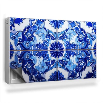 Wallfluent Magnetische Radiatorfolie - Magnetische Radiatorfolie Bescherming - 100x60 cm - Marokkaanse Patroontegels, Contrast - Magnetische Radiator Folie 1Mm Dik - Blauw Tegels Radiatorbeschermer Magnetisch