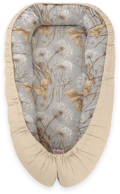 Babynest dubbelzijdig Premium Cocoon voor baby's BOBONO- paardenbloemen grijs/beige