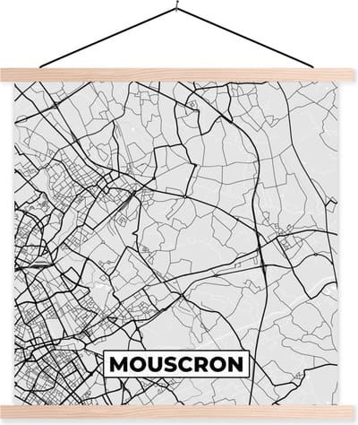 Posterhanger incl. Poster 40x40 cm - Schoolplaat - België – Mouscron – Stadskaart – Kaart – Zwart Wit – Plattegrond - Textielposter - Blanke latten - Stadskaart