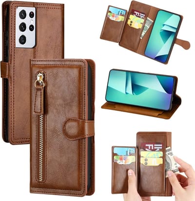 Bookcase Hoesje Geschikt voor: Samsung Galaxy S22 met ritssluiting - Flipcover - Magnetisch - 5 kaarten houder - Donkerbruin