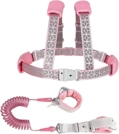 Kinderharnas met riem - Anti-verloren polsband - Veilig op pad - Reflecterend ontwerp - 1.5 meter lengte - Blauw roze