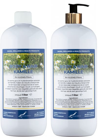 Body & Hair Kamille 1 liter met gouden pomp - set van 2 stuks - 2 in 1 voor lichaam en haar - voordeelverpakking