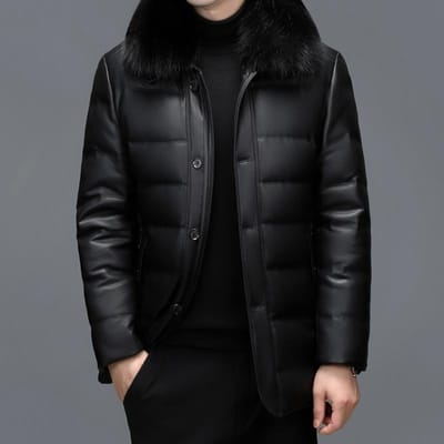 Doudoune Homme Épaissie Chaude Manteau Mi-long Col en Fourrure de Renard Vêtements de Papa d'Âge Moyen Veste en Cuir Véritable Homme Ample 2XL black