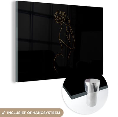 MuchoWow® Glasschilderij 60x40 cm - Schilderij acrylglas - Vrouw - Black and gold - Line art - Foto op glas - Schilderijen
