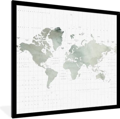 Poster in lijst - Fotolijst 40x40 cm - Posters - Wereldkaart - Grijs - Waterverf - Posterlijst zwart - Decoratie - Wanddecoratie woonkamer - Muurdecoratie slaapkamer