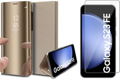 Hoesje geschikt voor Samsung Galaxy S23 FE - Screenprotector Glas - Spiegel Book Case Goud